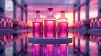 Glass bottles with pink liquid on reflective surface against blurred background in magenta and purple tones creating symmetrical mirror effect. Atmospheric lighting adds depth.