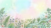 Soft watercolor floral background with hand-drawn botanical elements, pastel green and pink tones, ferns, daisies, and wildflowers for cards or invitations.