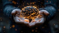 Glowing brain floating above cupped hands with golden light particles, representing artificial intelligence, neuroscience, mental health and innovation concepts.