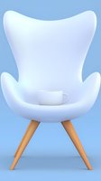 Modern white egg chair with wooden legs and coffee cup on blue background. Minimalist furniture design concept for contemporary interior spaces.