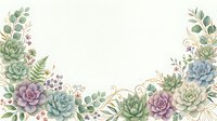 Watercolor succulent plants and flowering herbs arranged in corners on isolated white background, ready for wedding invitations, greeting cards, and botanical design projects.
