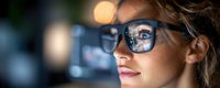 Young woman in stylish glasses with reflection of city lights, close up portrait with bokeh effect and soft evening illumination in panoramic format.