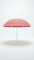 Red and white striped beach umbrella with gray pole on white background, suitable for summer travel, vacation marketing, and outdoor leisure concepts.