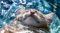 Peaceful cat enjoying water with closed eyes, sunlight creating sparkles on blue rippling surface. Relaxing pet moment in summer.
