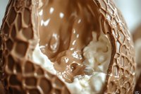 Macro shot of chocolate Easter egg with creamy filling, showing detailed texture of cracked shell and smooth melted chocolate swirls in warm brown tones.