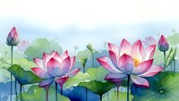 Watercolor lotus flowers blooming in serene pond with lily pads. Soft pink petals and green leaves create peaceful zen garden atmosphere for meditation designs.