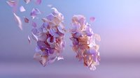 Floating pink geometric fragments forming abstract shapes against purple background, creating ethereal and dreamy composition for modern design projects.