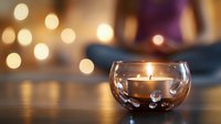 Glowing tealight candle in round glass holder with bokeh lights background creates cozy atmospheric mood for relaxation, meditation and spa settings.