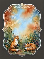 Watercolor autumn foxes in ornate frame with botanical elements and warm gradient sky for seasonal greeting cards and nature-themed designs.