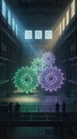 Silhouetted figures observe glowing neon gears floating in industrial warehouse with dramatic light rays streaming through windows, symbolizing teamwork, innovation, and digital transformation for business concepts.