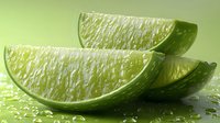 Fresh juicy lime wedges with water drops on green background, macro shot showing detailed pulp texture and citrus segments for food and beverage photography.