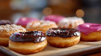 Fresh assorted donuts with chocolate and pink glazed toppings arranged on wooden board, selective focus on chocolate frosted donut in foreground.