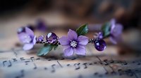 Delicate purple flowers with green leaves arranged on vintage sheet music creating romantic musical composition for wedding invitations and artistic projects.
