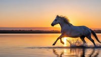 Majestic gray horse galloping through shallow water at golden sunset with dramatic sky reflections creating splashes and movement in serene lake landscape.