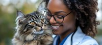 African American female veterinarian in blue scrubs and glasses holding Maine Coon cat with loving expression, showcasing pet care and animal medical services.