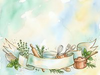 Watercolor cooking banner with kitchen utensils, herbs, and ribbon scroll on soft pastel background, perfect for recipe cards and culinary designs.