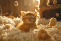 Sleepy ginger kitten lying in soft white feathers backlit by warm sunlight, creating magical atmosphere with floating particles in golden hour light.