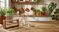 Modern kitchen interior with wooden countertop, glass bottles in rack, copper cookware, herbs and plants creating warm sustainable cooking space.