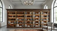 Elegant home library with floor-to-ceiling wooden bookshelves filled with books in luxurious interior featuring coffered ceiling and chandelier.