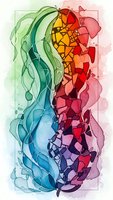 Abstract watercolor brain illustration with flowing organic shapes in vibrant rainbow gradient from cool blues to warm reds for creative design projects.