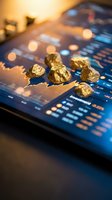 Golden nuggets on tablet displaying financial charts and investment data representing precious metals trading and commodity market analysis.