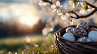 Decorative Easter eggs with delicate patterns in woven basket against blooming spring cherry tree branches and soft bokeh background at sunset.