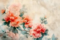 Delicate coral peonies with sage green leaves painted in Asian watercolor style on soft beige background, creating elegant floral composition.