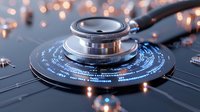 Medical stethoscope on futuristic circuit board with glowing blue digital interface and bokeh lights, representing healthcare technology advancement.