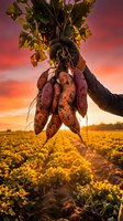 Farmer holding freshly harvested sweet potatoes with green leaves against dramatic sunset sky over agricultural field during autumn harvest season.