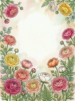 Watercolor ranunculus flowers frame with empty center space for text on soft pastel background for wedding invitations and greeting cards.