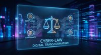 Futuristic cyber law concept with digital scales of justice and compliance icons on transparent screen against neon cityscape for legal technology applications.