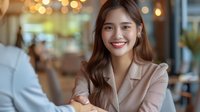 Young Asian businesswoman with bright smile wearing beige blazer at cafe meeting. Professional portrait with warm bokeh background perfect for corporate and lifestyle content.