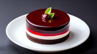 Layered chocolate mousse cake with cherry mirror glaze, red jelly insert and dark cookie base garnished with fresh cherry and mint leaves on white plate.