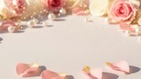 Romantic pink roses and scattered petals with golden bokeh lights creating dreamy wedding or Valentine's Day background with copy space for text design.