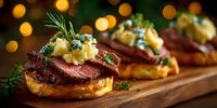 Gourmet beef canapes with herb garnish on toasted bread, elegant appetizers for holiday entertaining and fine dining events with warm bokeh lighting.