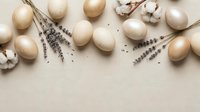 Natural brown eggs with dried lavender sprigs and cotton flowers arranged on beige linen background for organic farm fresh cooking and baking concepts.