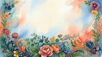 Watercolor floral border with colorful flowers, swirling ornaments, and soft pastel background, perfect for greeting cards and invitations.