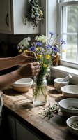 Person arranging fresh wildflowers in glass vase on rustic wooden table near window with dried herbs and ceramic bowls for floral design and home decor projects.