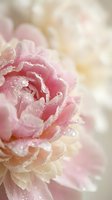Soft pink peony flower with morning dew drops on delicate petals creating romantic floral background for wedding invitations and feminine design projects.