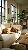 Golden retriever dog sleeping peacefully on beige sofa in bright modern living room with large windows, houseplants and warm natural sunlight streaming in.