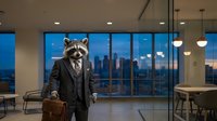 Anthropomorphic raccoon businessman in suit holding briefcase stands in modern office with city skyline view during evening hours for corporate concepts.