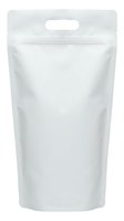 White blank stand up pouch with handle and zip lock closure isolated on transparent background for product packaging mockup and branding design.
