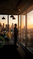 Professional businessman in suit standing by floor-to-ceiling windows overlooking city skyline at sunset, modern office interior with pendant lighting.