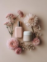 Elegant cosmetic products surrounded by delicate pink and white flowers on neutral beige background, creating soft feminine composition for beauty advertising.