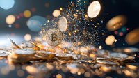 Golden Bitcoin cryptocurrency with sparkling particles and bokeh lights, symbolizing digital wealth and financial technology revolution.