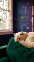 Fluffy cream-colored cat sleeping peacefully on green velvet cushion by window with chandelier and bokeh lights, cozy home interior scene.