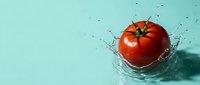 Fresh red tomato splashing in water on turquoise background, ideal for food and beverage marketing, healthy eating campaigns, and culinary design projects.