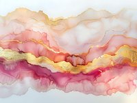 Abstract fluid art with flowing pink, gold, and cream watercolor layers creating an elegant marble-like landscape effect for luxury design projects.