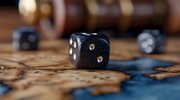 Black gaming dice with white dots on vintage map background, selective focus on single die creates atmospheric composition for tabletop gaming and adventure concepts.