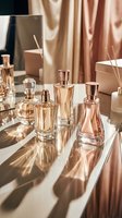 Luxury fragrance bottles with rose gold caps displayed on white surface with warm beige drapery backdrop and mirror reflections, suitable for cosmetics and beauty marketing.